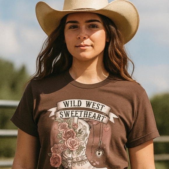 Country Life Boutique Tops - Wild West Sweetheart Graphic Tee – Western Cowgirl Boot Shirt with Roses & Heart